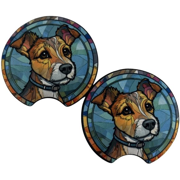 Car Coasters Jack Russel Terrier Dog Life Stained Glass Puppy Set of 2 Neoprene - Picture 2 of 9